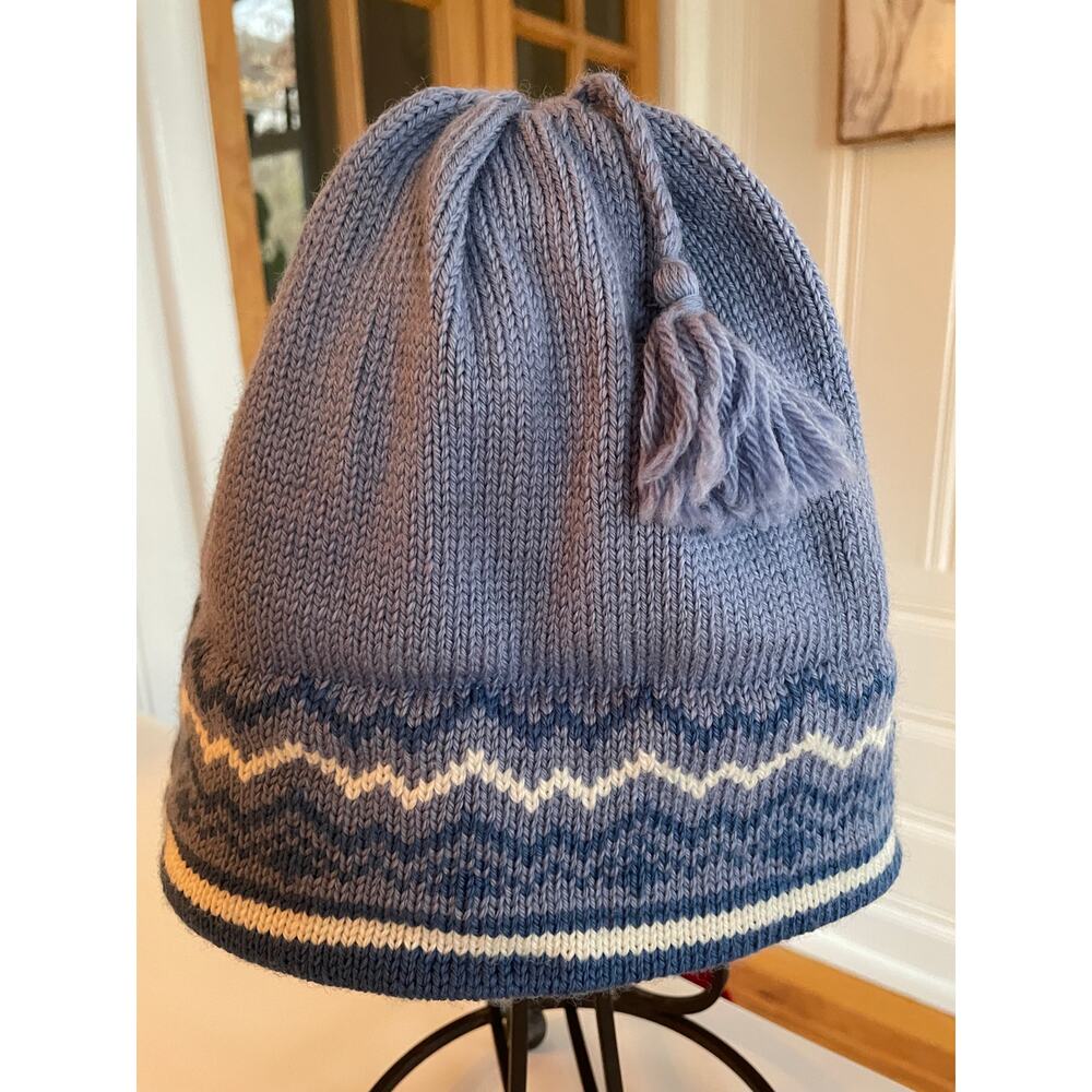 VTG Vermont Originals Blue Fair Isle Beanie Fleece Lined Wool Made in USA